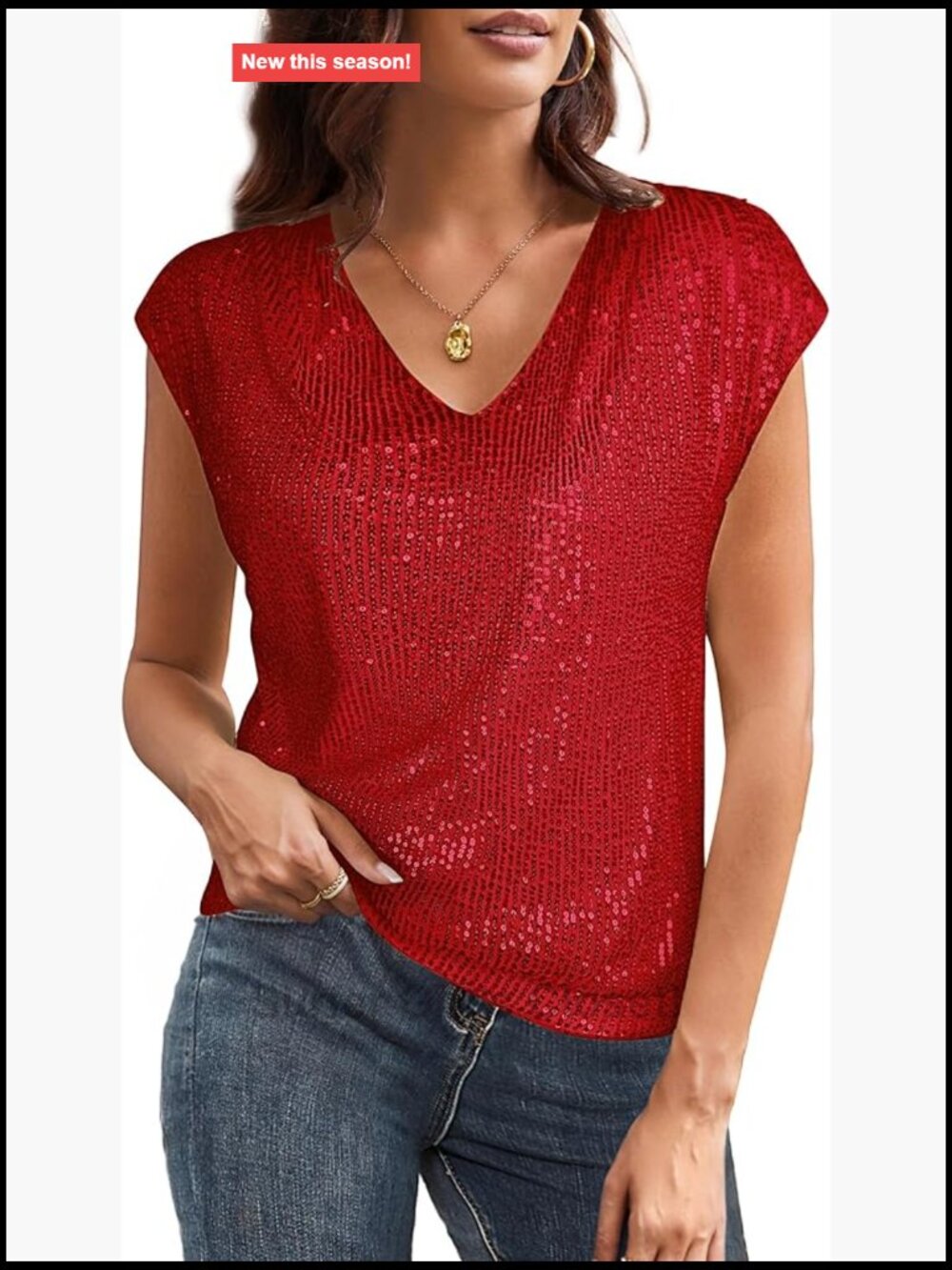 Sparkly Sequin V-Neck Tank Top Women's Party Glitter Stretch Fit